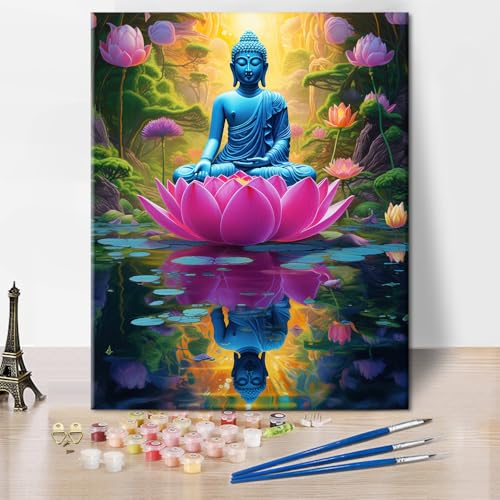 TISHIRON Malen nach Zahlen-Set für Erwachsene, Buddha mit Lotusblume Kunstwerk Digitale Malerei Erwachsenen Farbtafel Set,Spirituelle Blumen-Statue für Meditationsraum Dekor 40 X 50cm von TISHIRON