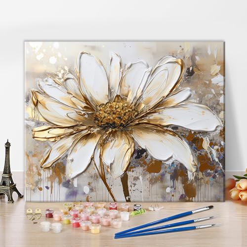 TISHIRON Malen nach Zahlen-Set für Erwachsene, abstraktes Blumenmuster, Malen nach Zahlen für Erwachsene, Kinder, goldene und gelbe Gänseblümchen, Malen nach Zahlen, Kits auf Leinwand, Ölgemälde, von TISHIRON