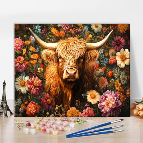 TISHIRON Malen nach Zahlen Set für Erwachsene - Schottisches Hochlandrind mit Blumen, Wiesen- und Landschaftsmalerei auf Leinwand für Wanddekoration, 40x50 cm (ohne Rahmen) von TISHIRON