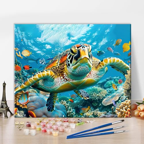 TISHIRON Malen nach Zahlen Set mit Meeresschildkröte für Erwachsene, Meereswelt Malen nach Zahlen auf Leinwand, DIY-Acrylgemälde als Geschenk, Bastelsets für die Wanddekoration zu Hause 40x50cm von TISHIRON