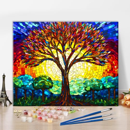 TISHIRON Malen nach Zahlen Vorlage für Erwachsene - Abstrakter Buntglas-Baum DIY Ölgemälde, 40x50 cm Leinwand mit Acrylfarben, Deko für Wohnzimmer & Entspannungskunst (Rahmenlos) von TISHIRON