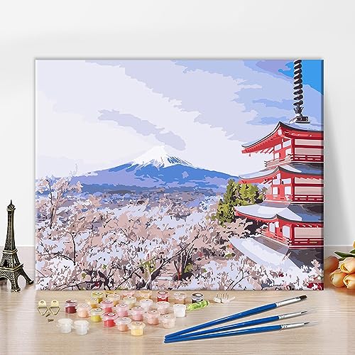 TISHIRON Malen nach Zahlen für Anfänger Erwachsene Mount Fuji Japanisch DIY Ölgemälde Kit mit Pinseln Acrylfarbe für Wohnkultur Liebesgeschenk - 16" x 20"(ohne Rahmen) von TISHIRON