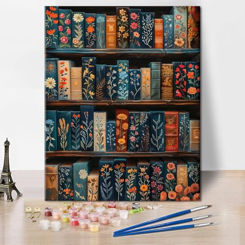 TISHIRON Malen nach Zahlen für Erwachsene, Blumen und Bücher Erwachsene Malen nach Zahlen Kits auf Leinwand, Bücherregal DIY Acryl Öl Malerei Kunsthandwerk 40 x 50 cm(rahmenlose) von TISHIRON