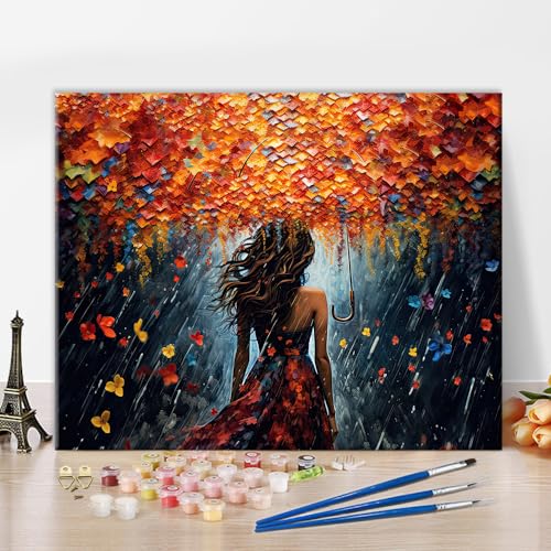 TISHIRON Malen nach Zahlen für Erwachsene, Mädchen im Regen mit einem Regenschirm DIY Ölgemälde nach Zahlen auf Leinwand mit Pinseln Acrylfarben, Wohnkultur 16"x20"(rahmenlos) von TISHIRON