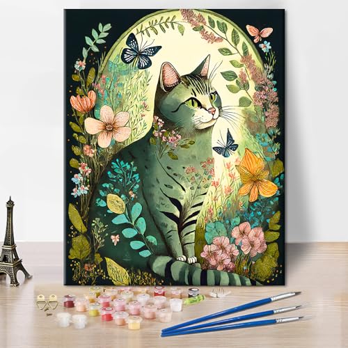 TISHIRON Malen nach Zahlen für Erwachsene, Vintage DIY Ölgemälde nach Zahlen auf Leinwand Katze mit Blumen mit Pinseln Acrylfarben für Kinder, Wohnkultur 16"x20", rahmenlos TISHIRON Malen nach Zahlen für Erwachsene, Vintage DIY Ölgemälde nach Zahlen auf Leinwand Katze mit Blumen mit Pinseln Acrylfarben für Kinder, Wohnkultur 16"x20", rahmenlos von TISHIRON