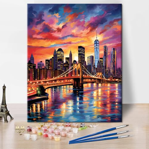 TISHIRON Malen nach Zahlen für Erwachsene, buntes Stadtbild, Malen-nach-Zahlen-Set für Erwachsene, Brooklyn-Brücke, Sonnenuntergang, Landschaft, Kunstmalerei-Set mit Pinseln, Ölgemälde, Kunsthandwerk TISHIRON Malen nach Zahlen für Erwachsene, buntes Stadtbild, Malen-nach-Zahlen-Set für Erwachsene, Brooklyn-Brücke, Sonnenuntergang, Landschaft, Kunstmalerei-Set mit Pinseln, Ölgemälde, Kunsthandwerk von TISHIRON