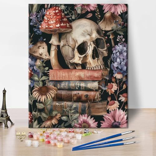 TISHIRON Malen nach Zahlen für Erwachsene Anfänger, Aquarell-Illustration : Menschlicher Schädel mit Büchern, Pilzen und Blumen - Künstlerische Leinwanddrucke, für Wohnzimmer 16x20 Zoll von TISHIRON