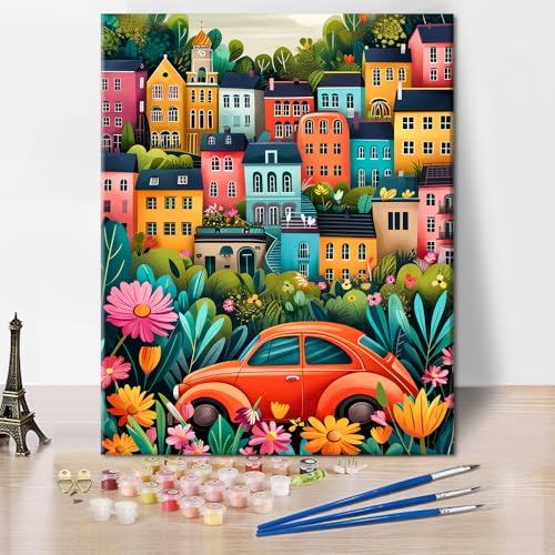 TISHIRON Malen nach Zahlen für Erwachsene Anfänger, Eule liest ein Buch, Erwachsenen-Farbtafel-Set, Auto im Bunten Blumen Dorf - Dekorative Wandkunst für Wohnzimmer 40 x 50cm (Rahmenlos) von TISHIRON