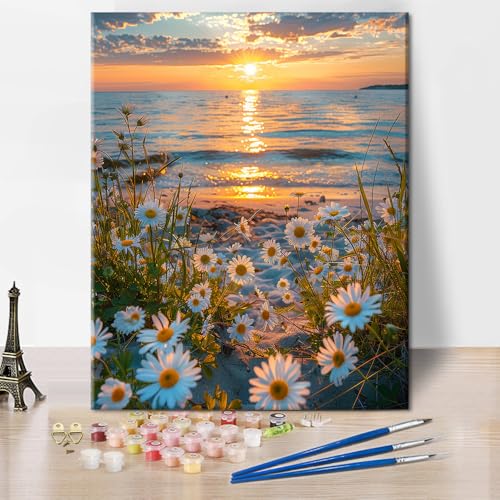 TISHIRON Malen nach Zahlen für Erwachsene Anfänger, Sonnenuntergang über Blumenwiese am Meer,Weiße Margeriten Strandbild Naturposter, DIY Öl-Farbtafel 40 X 50cm TISHIRON Malen nach Zahlen für Erwachsene Anfänger, Sonnenuntergang über Blumenwiese am Meer,Weiße Margeriten Strandbild Naturposter, DIY Öl-Farbtafel 40 X 50cm von TISHIRON