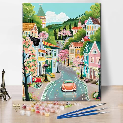 TISHIRON Malen nach Zahlen für Erwachsene - Europäisches Märchenstadt-Motiv, 40x50 cm (statt 16x20 Zoll) Cartoon-Stil DIY Ölmalerei-Set mit Pinseln mit Acrylfarbenmit von TISHIRON