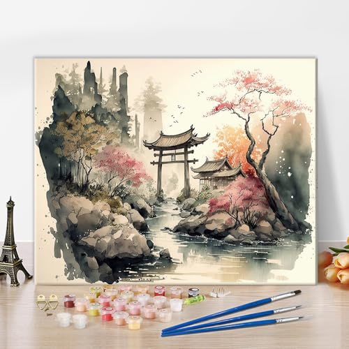 TISHIRON ‌Malen nach Zahlen für Erwachsene Japanische Landschaft mit Kirschblüten DIY Kunst-Set Aquarell Leinwand Einsteigerfreundliche Entspannungstherapie Natur-Deko 16x20 Zoll von TISHIRON
