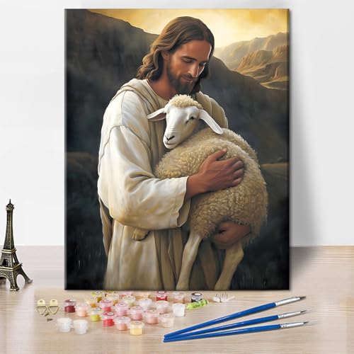 TISHIRON Malen nach Zahlen für Erwachsene Jesus mit dem verlorenen Schaf Malen nach Zahlen Kits, Malen nach Zahlen für Erwachsene Anfänger Kunstwerk Wanddekoration Ölgemälde, 16 "x 20"(rahmenlos) von TISHIRON