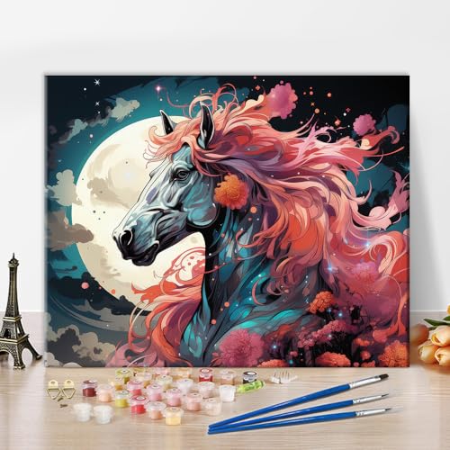 TISHIRON Malen nach Zahlen für Erwachsene Mond, Blumen und weiße Pferde Malen nach Zahlen Kits Nachthimmel Erwachsene Malen nach Zahlen Tiere Malen nach Zahlen Kits DIY Ölmalerei Kits, 40x50 CM von TISHIRON