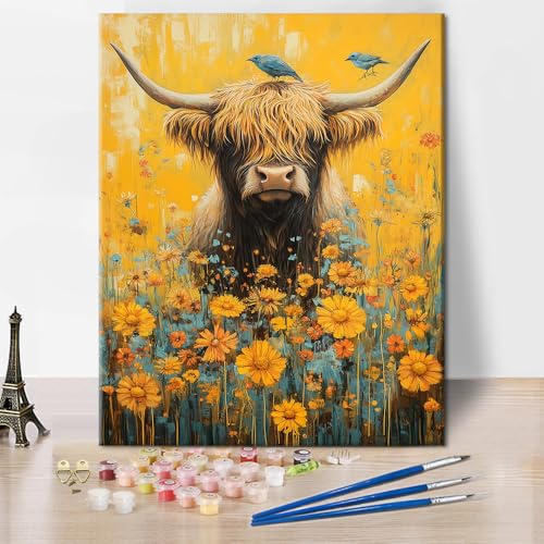 TISHIRON ‌Malen nach Zahlen für Erwachsene Schottisches Hochlandrind Kunst-Set Blumenwiese Tiefenunschärfe Acrylfarben Stressabbau Kreatives Hobby Deko 16x20 Zoll von TISHIRON