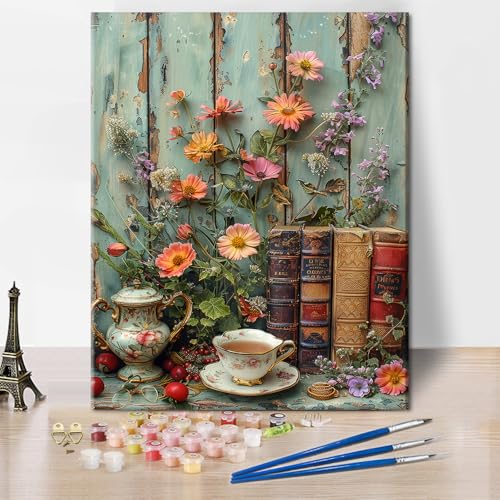 TISHIRON Malen nach Zahlen für Erwachsene - Stillleben mit Büchern, Tee & Blumen, 40x50 cm DIY Ölgemälde mit Pinseln & Farben, Entspannendes Kunstprojekt für Zuhause (Rahmenlos) von TISHIRON