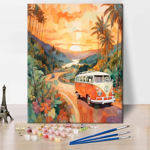 TISHIRON Malen nach Zahlen für Erwachsene Vintage-Bus auf der Straße Erwachsenen Malen nach Zahlen Kits Palmen Landschaft Natur Kunst Malerei Kits mit Pinseln Ölmalerei Kunsthandwerk von TISHIRON