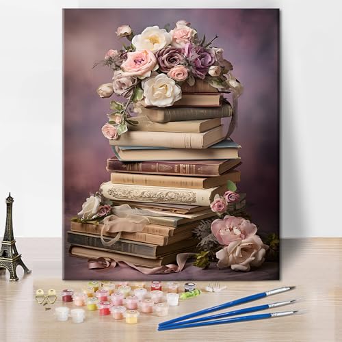 TISHIRON Malen nach Zahlen für Erwachsene Vintage Stillleben mit alten Büchern Malen nach Zahlen Sets für Erwachsene Motiv schöne Blumen Kunstmal Sets mit Pinseln Ölgemälde Bastelsets für Zuhause von TISHIRON