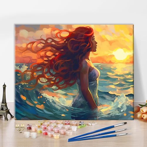 TISHIRON Malen nach Zahlen für Erwachsene und Anfänger, Meerjungfrau mit langen Haaren im Ozean, Malen nach Zahlen, Malen-nach-Zahlen-Set, Leinwandbild, Kunstwerk, 40,6 x 50,8 cm (rahmenlos) von TISHIRON