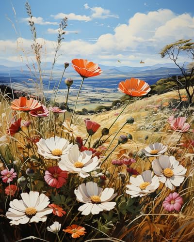 TISHIRON Malen nach Zahlen für Erwachsene und Kinder, Feldblumen mit Blick auf das Tal, Ölgemälde, Malen nach Zahlen, Acrylgemälde, 40,6 x 50,8 cm (ohne Rahmen) von TISHIRON