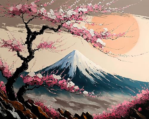 TISHIRON Malen-nach-Zahlen-Set für Erwachsene und Kinder, Motiv: Fuji-Gebirge, Sakura, Blume, Baum, moderne Dekoration, 40,6 x 50,8 cm von TISHIRON