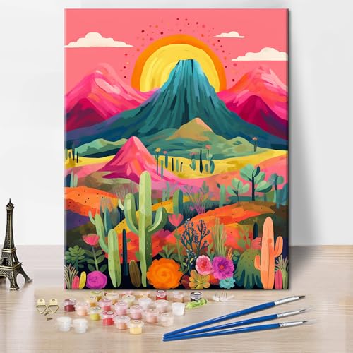 TISHIRON Malen Nach Zahlen Für Erwachsene Und Kinder, Wüstenkaktus, Regenbogenberg, Abstrakter Stil Auf Leinwand von TISHIRON
