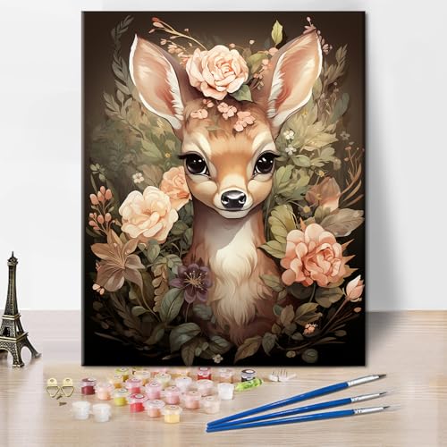 TISHIRON Malen nach Zahlen Set für Erwachsene - Süßes Reh mit Blumen, 16x20 Zoll, Rahmenloses Kunstset zum Selbermachen TISHIRON Malen nach Zahlen Set für Erwachsene - Süßes Reh mit Blumen, 16x20 Zoll, Rahmenloses Kunstset zum Selbermachen von TISHIRON