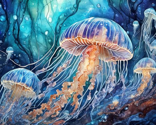 TISHIRON Meereslebewesen Blaue Quallen Malen nach Zahlen Erwachsene Kaktus in der Wüstenlandschaft Malen nach Zahlen auf Leinwand Acryl Pigment Kunsthandwerk 16x20inch (Ohne Rahmen) von TISHIRON