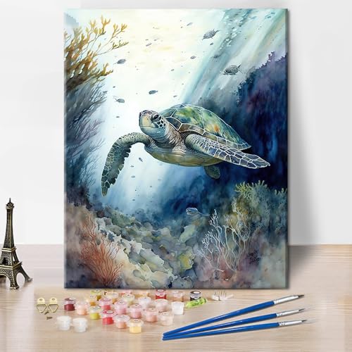 TISHIRON Meeresschildkröte Malen nach Zahlen Bausatz Erwachsene, Ölmalerei für Erwachsene Ozean, Sealife Malen nach Zahlen auf Leinwand, Acryl Malen nach Zahlen für Anfänger 40 x 50 cm(rahmenlos) von TISHIRON