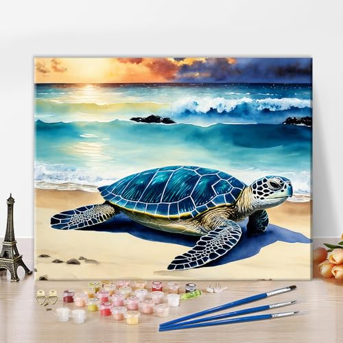 TISHIRON Meeresschildkröte Malen nach Zahlen Erwachsene Tiere Acrylmalerei Strand Malen nach Zahlen Kits mit Pinseln Kunsthandwerk für Zuhause 40 x 50 cm(rahmenlos) von TISHIRON