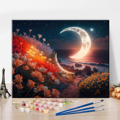 TISHIRON Mond Malen nach Zahlen, Mond und Blumen am Strand bei Nacht Malen nach Zahlen für Erwachsene, Blumen Malen nach Zahlen Kits auf Leinwand für Haus Wanddekoration, 40x50 CM, (Rahmenlos) von TISHIRON