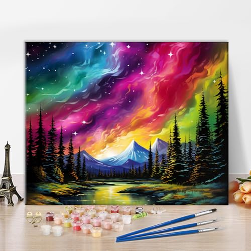 TISHIRON Nachthimmel Malen nach Zahlen, Aurora Borealis Malen nach Zahlen, Farben und Licht tanzen über den Horizont Malen nach Zahlen Kits auf Leinwand, 40x50 CM (Rahmenlos) von TISHIRON