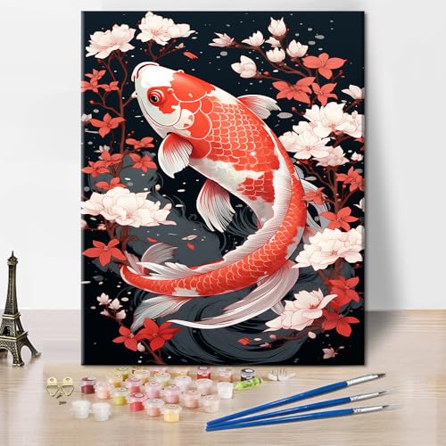 TISHIRON New Year Paint by Number Kit, Koi-Fisch mit Kirsche Malen nach Zahlen mit Pinsel und Pigment für Haus Wanddekoration, Blumen Ölgemälde, 40x50 CM (Rahmenlos) von TISHIRON