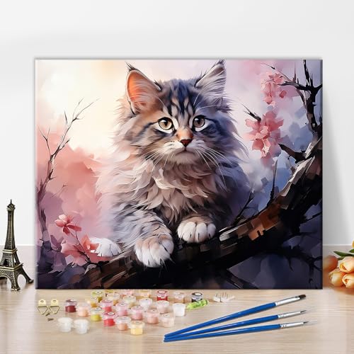 TISHIRON Niedliche Katze Malen nach Zahlen Erwachsene Tiere Ölhandmalerei mit Pinsel und Acrylpigment Baum Malen nach Zahlen Kits auf Leinwand Kunsthandwerk 16 "x20(rahmenlos) von TISHIRON