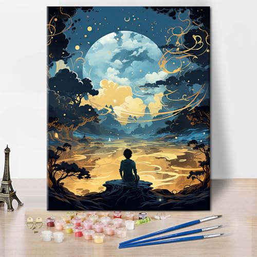 TISHIRON Night Paint by Numbers, Frau sitzt auf einem Felsen im Wald bei Nacht Malen nach Zahlen für Wanddekoration, Nacht Ölgemälde mit Pinsel und Pigment, 40x50 CM, Rahmenlos von TISHIRON