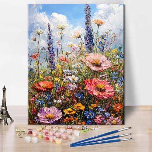 TISHIRON Ölgemälde Stil Malen nach Zahlen Sonnendurchflutete Frühlingswiese mit Gänseblümchen, Erwachsenen Farbtafel Wildblumen-Motiv für Küchendekor Ölmalerei 40 × 50 cm (Rahmenlos) von TISHIRON