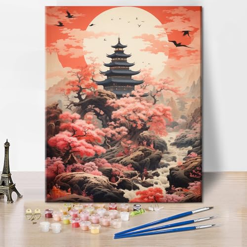 TISHIRON Pagode Malen Nach Zahlen Kits Für Erwachsene Anfänger Rosa Kirschblüte Malen Nach Zahlen DIY ölmalerei Kit Zeichnung Malerei Für Geschenk Haus Wanddekor 40x50cm Ohne Rahmen von TISHIRON