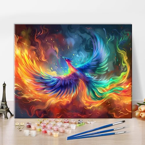 TISHIRON Phoenix Malen nach Zahlen Adult Rainbow Phoenix Soaring Majestically From Flames Malen nach Zahlen Kits Phoenix Ölgemälde mit Pinsel und Pigment, 40x50 CM, (Rahmenlos) von TISHIRON