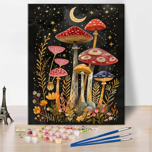 TISHIRON Pilze Malen nach Zahlen Für Erwachsene, Mondlicht Malen Nach Zahlen Auf Leinwand Ohne Rahmen, Bunte Pilze Malen nach Zahlen DIY Ölgemälde Für Geschenk Home Wand Dekor(40x50cm) von TISHIRON