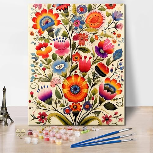 TISHIRON Polnische Volkskunst-Mal-nach-Zahlen-Set für Erwachsene Blumenstrauß an einer Wand Malen nach Zahlen mit Pinseln und Pigmenten, Kunsthandwerk DIY-Ölgemälde, 40x50 CM von TISHIRON