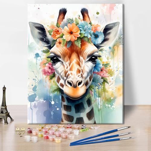 TISHIRON Porträt Malen nach Zahlen zur Entspannung - Giraffe mit Blumen auf Wiese, 40x50 cm Tier-Motiv für Erwachsene & Anfänger für Zuhause Geschenk (ohne Rahmen) von TISHIRON