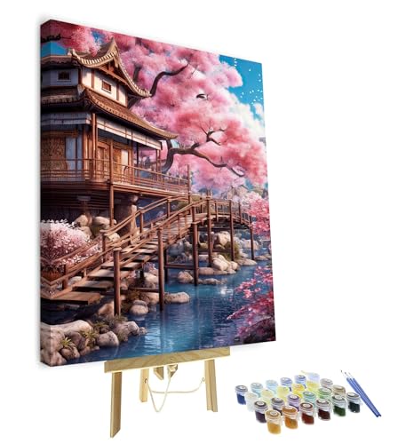 TISHIRON Rahmen Malen nach Zahlen Erwachsene Kirsche Malen nach Zahlen Blüte Acrylmalerei Kits für Erwachsene DIY Erwachsene Malen nach Zahlen Kits auf Leinwand Seelandschaft 40 x 50 cm von TISHIRON