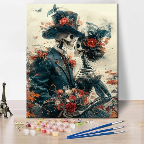 TISHIRON Romantisches Totenkopf-Motiv Malen nach Zahlen - Rosen & Schmetterlinge, 40x50 cm Ölmalerei-Stil auf Leinwand (ohne Rahmen), Kunstset für Sammler von TISHIRON
