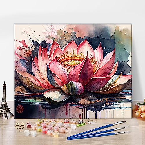 TISHIRON Rosa Lotus Malen nach Zahlen, Retro-Blume Malen nach Zahlen, bunte abstrakte Lotus Ölmalerei Kit, DIY Acrylmalerei für Erwachsene mit Pinsel und Pigment, Rahmenlos, 40x50 CM von TISHIRON