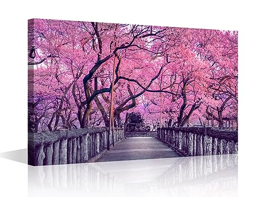 TISHIRON Sakura Natürliche Landschaft Leinwand Wandkunst Gemälde Rosa Kirschbäume Blühende Wanddekoration für Wohnzimmer Bilder Druck auf Leinwand Gerahmtes modernes Kunstwerk für Zuhause Schlafzimmer von TISHIRON