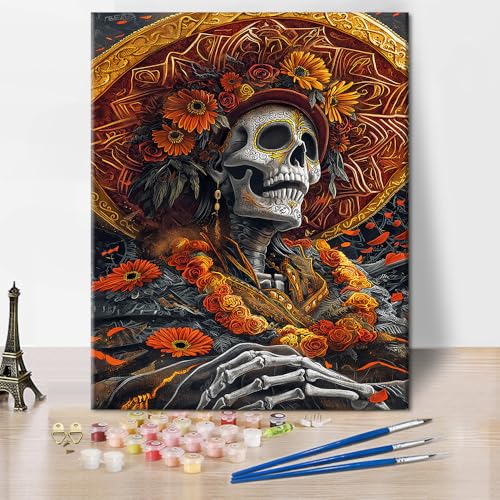 TISHIRON Schädel Farbe nach Zahl für Erwachsene Blumen Farbe nach Zahlen Blumen und Schädel Farbe nach Zahlen Kit für Erwachsene Kunst Handwerk für Home Wand Dekor Flammlose Ölgemälde Kits 16x20 Zoll von TISHIRON