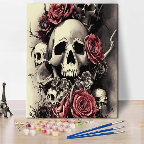 TISHIRON Schädel mit Blumen Malen nach Zahlen, Rosen und Halloween Malen nach Zahlen für Erwachsene, Schädel Malen nach Zahlen mit Pinseln und Pigment, 40x50 CM (Rahmenlos) von TISHIRON