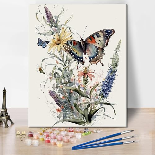TISHIRON Schmetterlinge und Sträuße Malen nach Zahlen Erwachsene DIY Malen nach Zahlen Kits auf Leinwand Acrylmalerei nach Zahlen mit Pinseln Leinwand Kunsthandwerk, 40x50cm(Rahmenlos) von TISHIRON