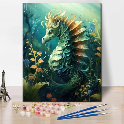 TISHIRON Seepferdchen Malen nach Zahlen Schöne Seepferdchen im Wald Malen nach Zahlen Kits auf Leinwand mit Pinsel und Pigment für Wanddekoration, Seepferdchen Ölgemälde, 40x50 CM, (Rahmenlos) von TISHIRON
