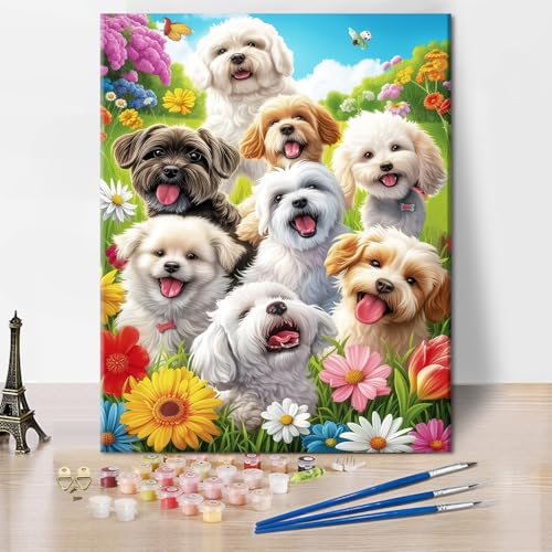 TISHIRON Süße Yorkshire Terrier Malen nach Zahlen - Hund mit Blumen Motiv, 40x50 cm Wanddekoration mit Acrylfarben für Erwachsene & Anfänger für Zuhause Geschenk (ohne Rahmen) von TISHIRON