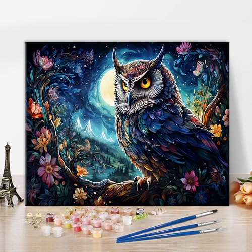 TISHIRON Tier Malerei nach Zahlen Kit für Erwachsene Eule im Wald bei Nacht Malen nach Zahlen mit Pinseln und Pigment, Kunsthandwerk DIY Ölgemälde für Haus Wanddekoration, 40x50 CM von TISHIRON